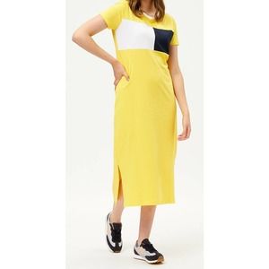 Tommy Hilfiger Snapdragon Yellow White Color Block Crewneck Midi Dress NWT Sz L